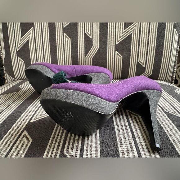 Primadonna Vera Pelle Purple Felt Wool Crochet Floral Peep Toe Pumps Size 10 - Picture 12 of 16